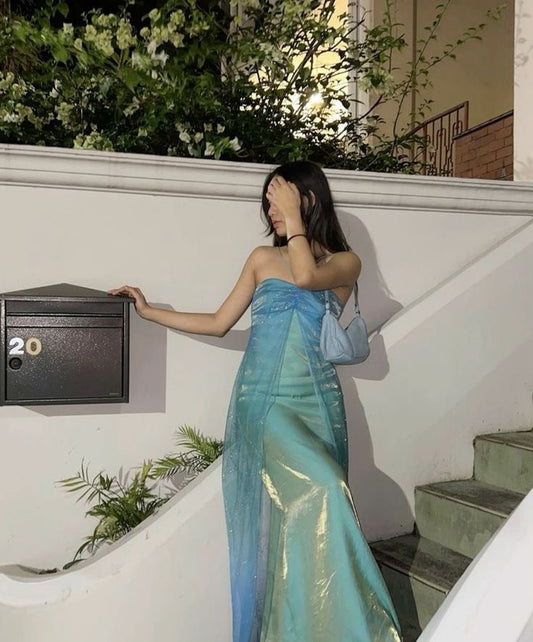 Robe de soirée vintage à col licou et longueur au sol, vert menthe, C3093