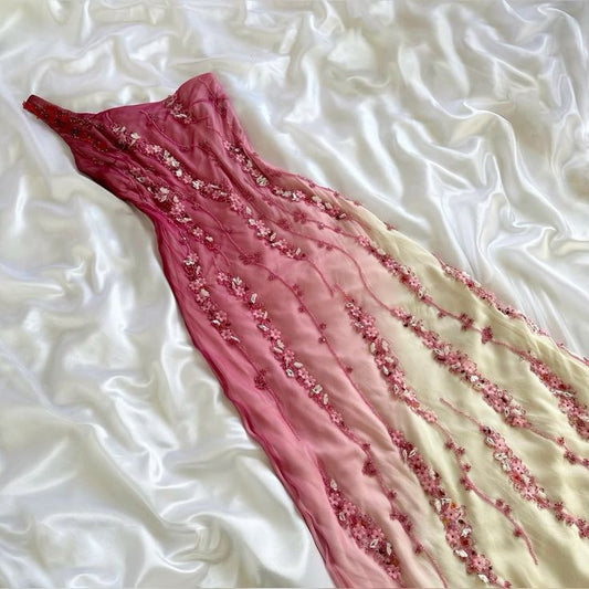 Robe de soirée vintage fourreau asymétrique en mousseline de soie rose ombré longueur au sol C3095