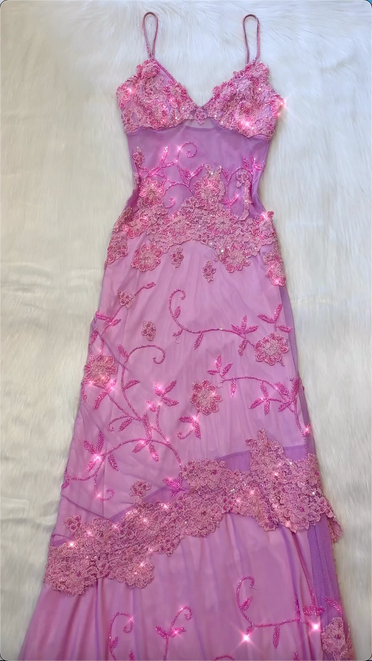 Robe de soirée vintage à bretelles spaghetti en dentelle rose, longueur au sol, robe de bal, perles, C3100