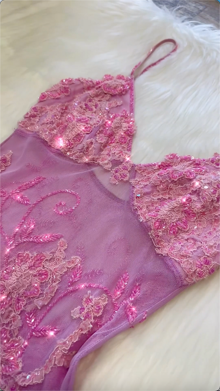 Vintage A Line Spaghetti Straps Pink Lace Floor Length Prom Dresses Beads Evening Dress C3100