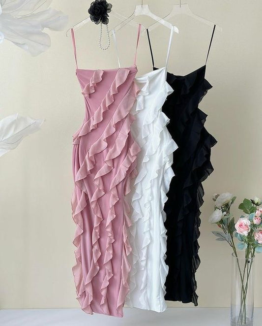 Robe de soirée vintage à bretelles spaghetti en mousseline de soie rose, longueur au sol, à volants, C3107