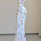 Robe de soirée longue à encolure carrée et fourreau vintage, robe de soirée blanche à fleurs avec volants C3115