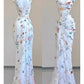 Robe de soirée longue à encolure carrée et fourreau vintage, robe de soirée blanche à fleurs avec volants C3115