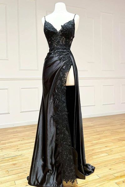 Pretty V Neck Satin Lace Long Prom Dress, Elegant Lace Long Evening Dress C3127
