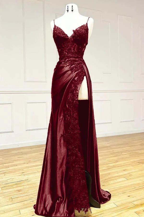 Pretty V Neck Satin Lace Long Prom Dress, Elegant Lace Long Evening Dress C3127