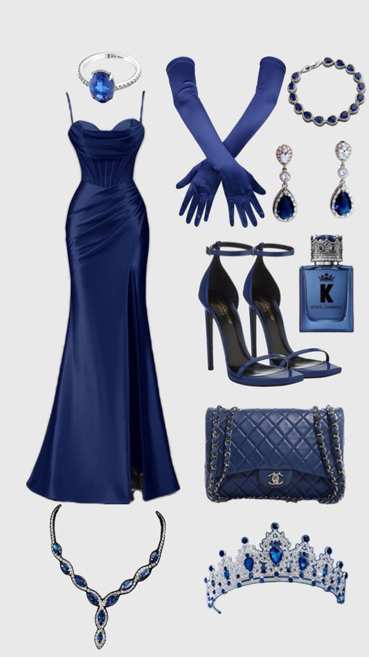 Pretty Mermaid Spaghetti Straps Royal Blue Satin Slit Long Party Dress Prom Dress C3135