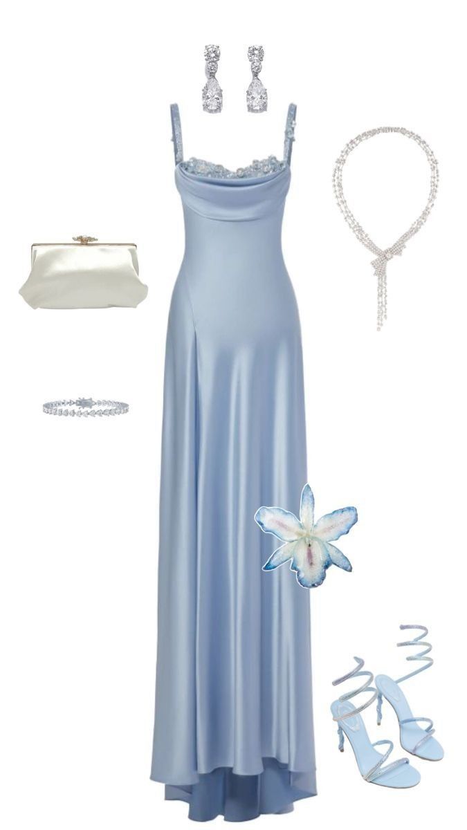 Robe de soirée longue en satin bleu ciel clair à bretelles trapèze C3142