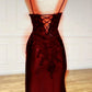 Elegant Mermaid Spaghetti Straps Burgundy Satin Long Prom Dresses Beads Party Dress C3156