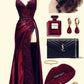 Elegant Mermaid Spaghetti Straps Burgundy Satin Long Prom Dresses Beads Party Dress C3156