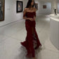 Burgundy Chiffon Slit Formal Evening Gown, Long Party Prom Dress C3160