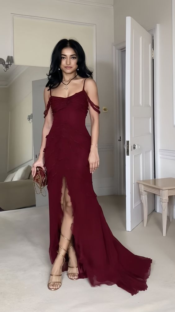 Burgundy Chiffon Slit Formal Evening Gown, Long Party Prom Dress C3160