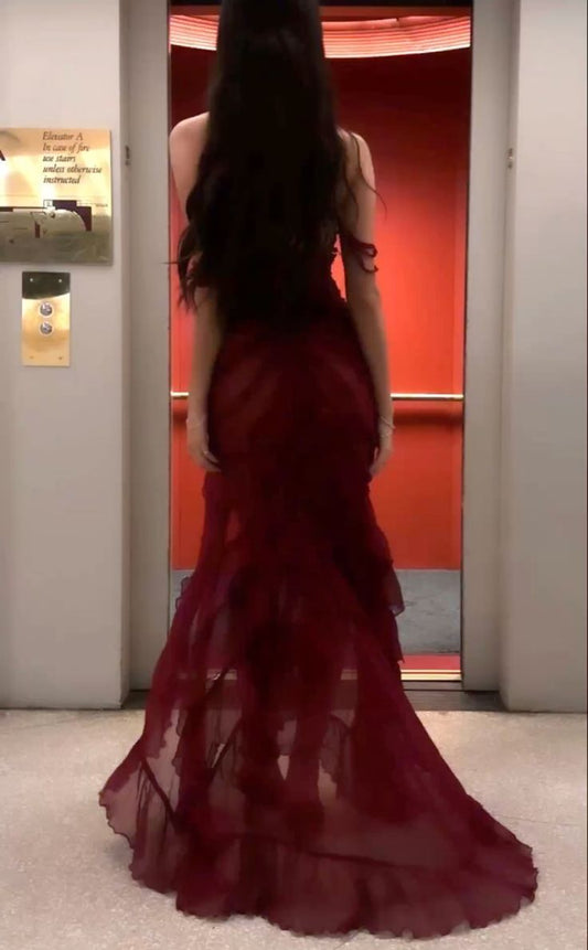 Burgundy Chiffon Slit Formal Evening Gown, Long Party Prom Dress C3160