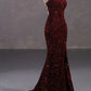 Elegant Mermaid Spaghetti Straps Burgundy Sequin Backless Long Prom Dresses Party Dress C3161
