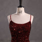 Elegant Mermaid Spaghetti Straps Burgundy Sequin Backless Long Prom Dresses Party Dress C3161