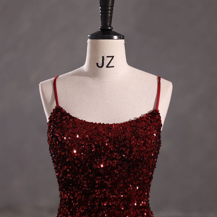 Elegant Mermaid Spaghetti Straps Burgundy Sequin Backless Long Prom Dresses Party Dress C3161