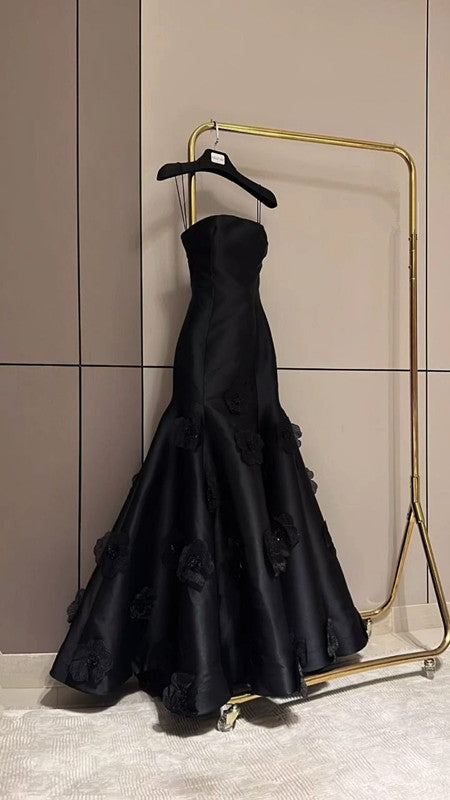 Classy Mermaid Strapless Sleeveless Satin Black Long Prom Dresses Evening Dress C3172