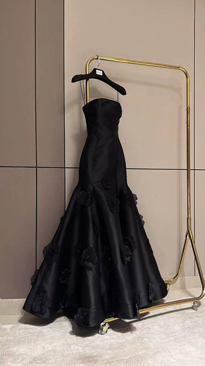 Classy Mermaid Strapless Sleeveless Satin Black Long Prom Dresses Evening Dress C3172