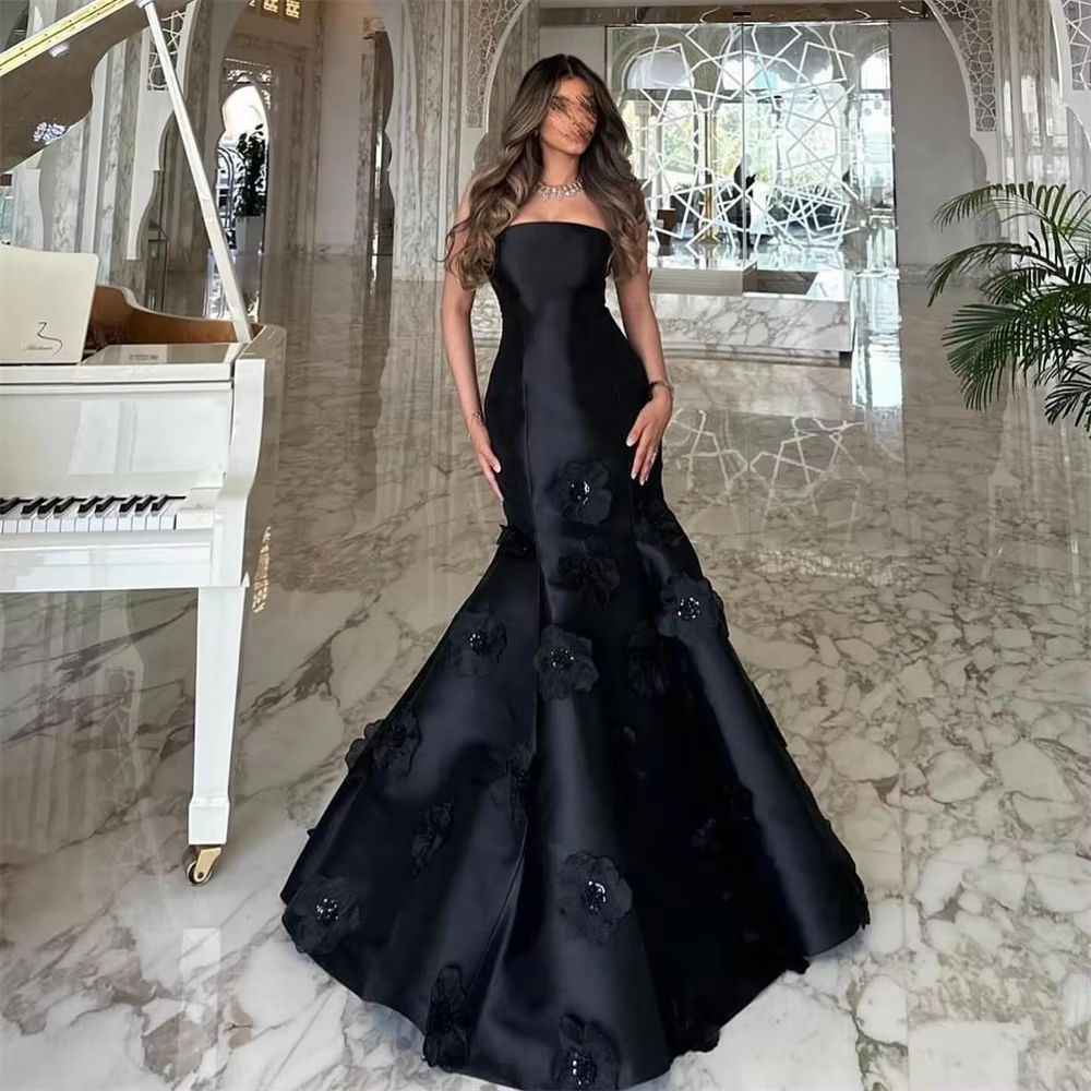 Classy Mermaid Strapless Sleeveless Satin Black Long Prom Dresses Evening Dress C3172