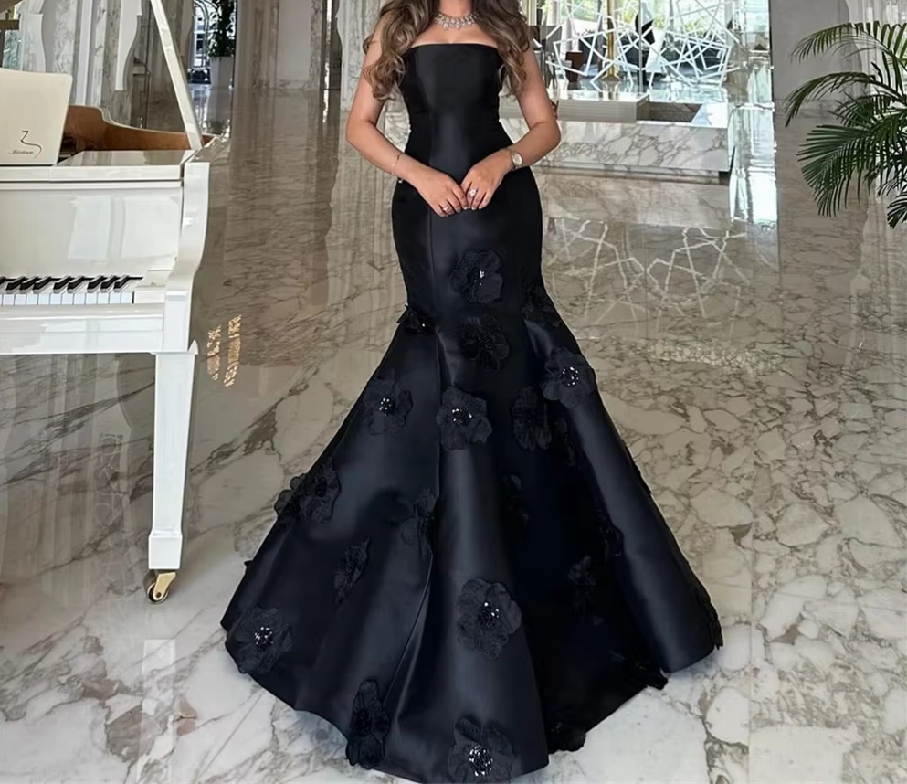 Classy Mermaid Strapless Sleeveless Satin Black Long Prom Dresses Evening Dress C3172