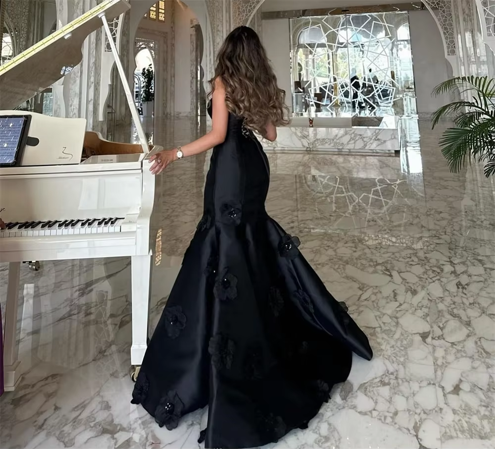 Classy Mermaid Strapless Sleeveless Satin Black Long Prom Dresses Evening Dress C3172