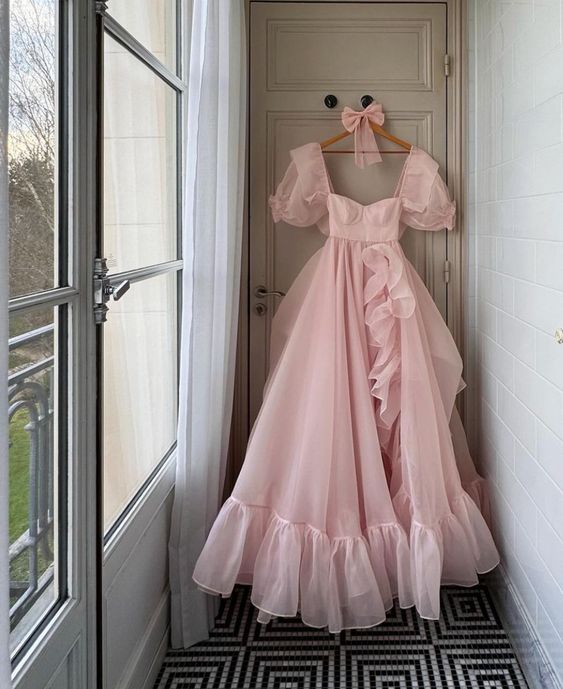 Elegant A Line Square Neckline Blush Pink Ruffles Organza Long Prom Dresses Party Dress C3175