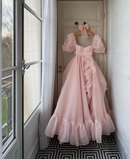 Elegant A Line Square Neckline Blush Pink Ruffles Organza Long Prom Dresses Party Dress C3175