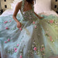 Halter Neck Flowers Embroidered Chiffon Prom Dress Green Party Dresses C3177
