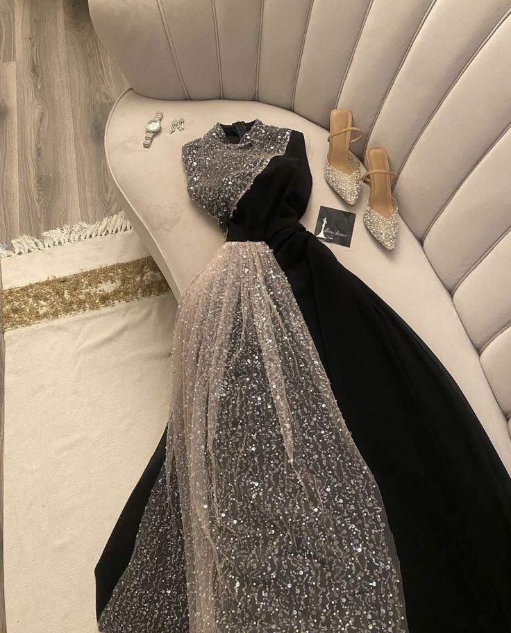 Classy A line High Neckline Black Sequin Long Prom Dresses Evening Dress C3179