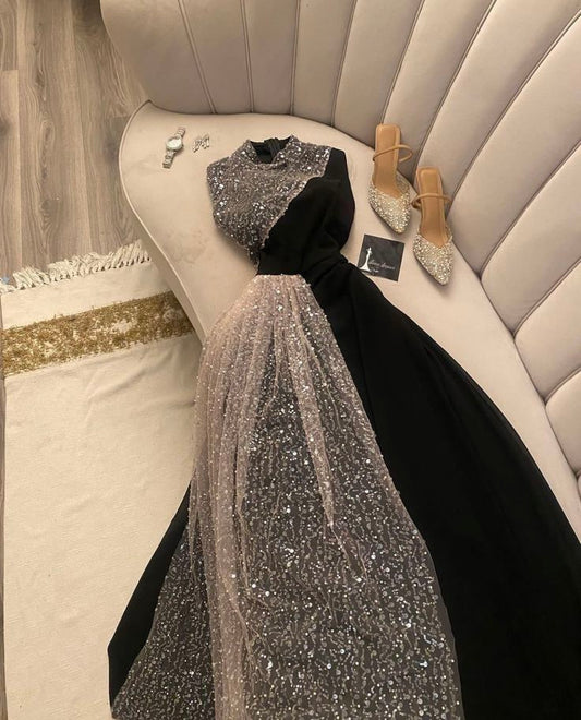 Classy A line High Neckline Black Sequin Long Prom Dresses Evening Dress C3179