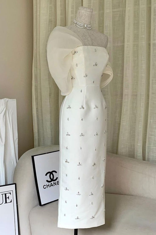 Classy Sheath Strapless White Satin Beads Prom Dresses Evening Dress C3181