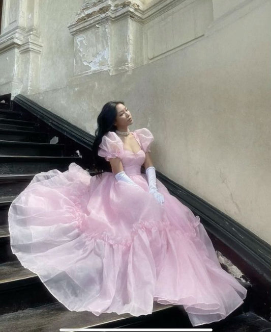 Elegant A Line Square Neckline Blush Pink Ruffles Long Prom Dresses Party Dress C3182
