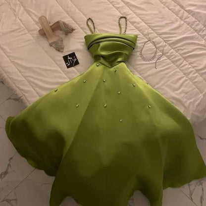Classy A Line Spaghetti Straps Bud Green Satin Beads Prom Dresses Evening Dress C3183