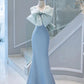Elegant Mermaid Satin Blue Long Prom Dresses With Bow-knot Party Dress C3192