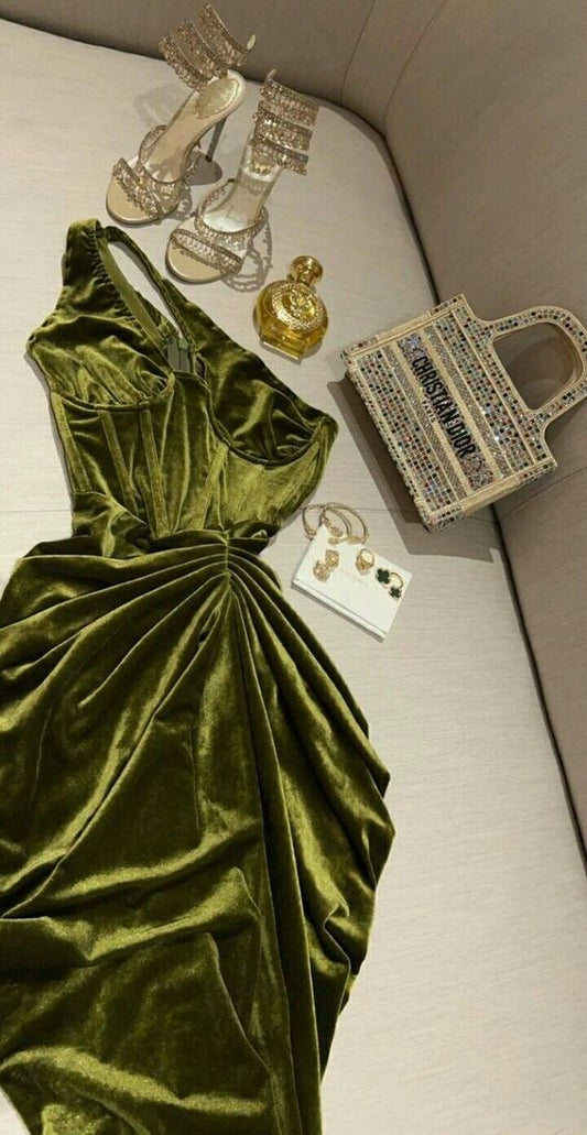 Classy Sheath One Shoulder Olive Green Velvet Prom Dresses Evening Dress C3195