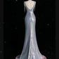 Robe de bal sirène Sexy pour femmes, col carré, pompon de perles, longue fente haute, C319