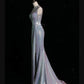 Robe de bal sirène Sexy pour femmes, col carré, pompon de perles, longue fente haute, C319