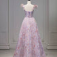 Elegant A line Square Neckline Sleeveless Floral Pink Tulle Party Dress Prom Dresses Evening Dress C3208