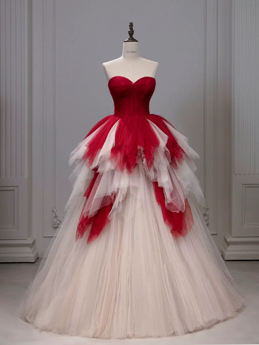 Jolie robe de bal en tulle à décolleté en cœur et longues couches rouges pour les robes de bal Sweet 16 C3210