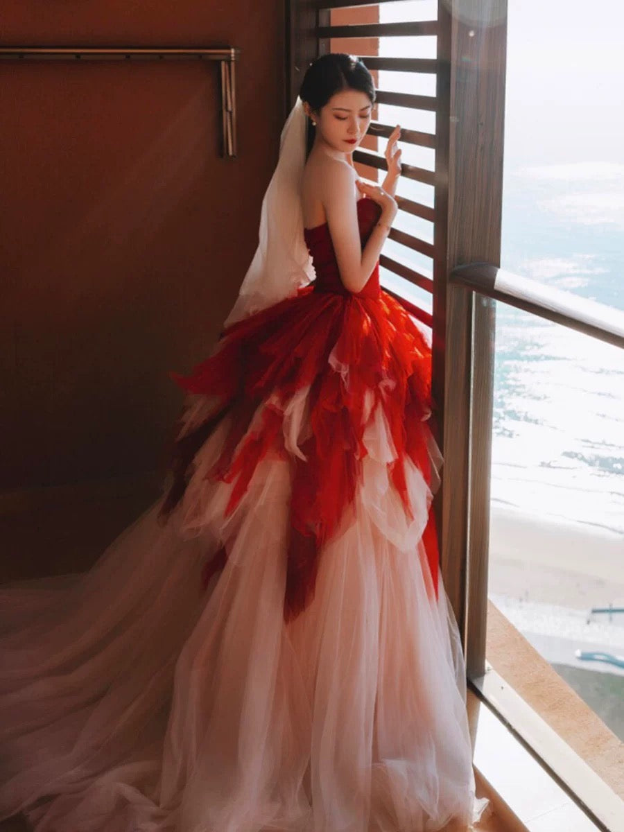 Jolie robe de bal en tulle à décolleté en cœur et longues couches rouges pour les robes de bal Sweet 16 C3210