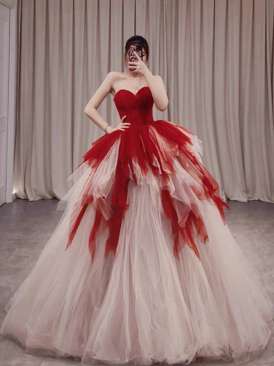 Pretty Ball Gown Sweetheart Tulle Long Red Layers Prom Dresses Sweet 1 – BlingDress