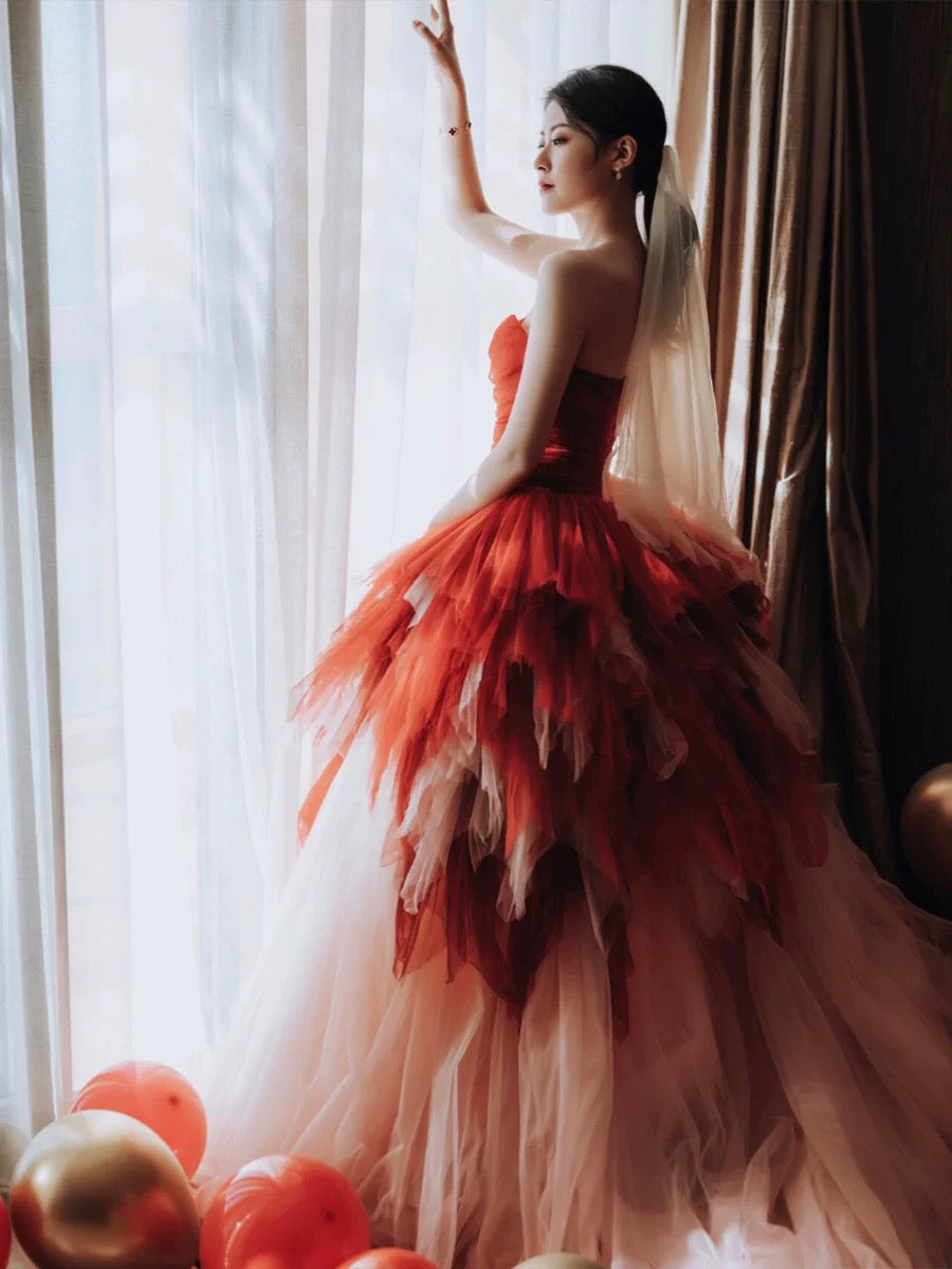 Jolie robe de bal en tulle à décolleté en cœur et longues couches rouges pour les robes de bal Sweet 16 C3210