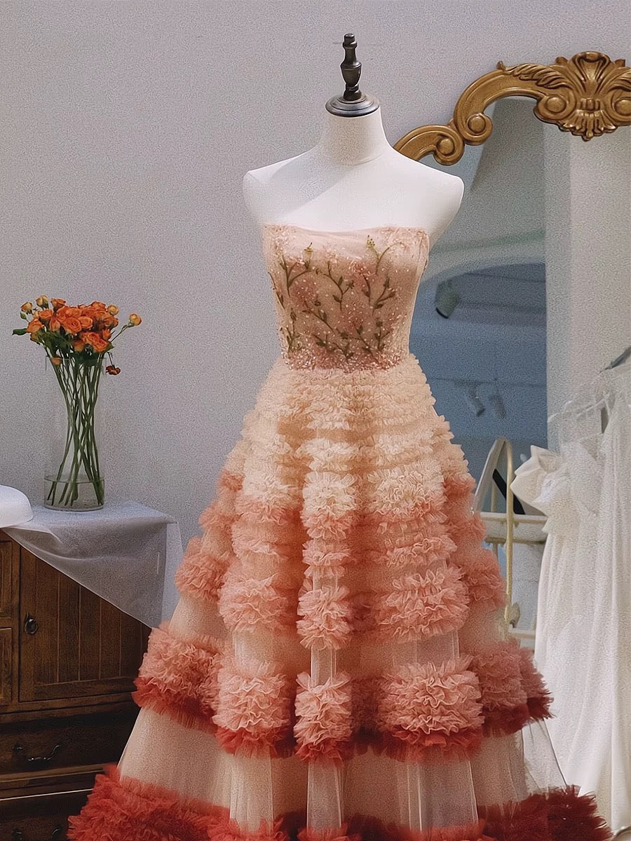 Jolie robe de bal sans bretelles en tulle à volants roses et longues couches pour les 16 ans C3217