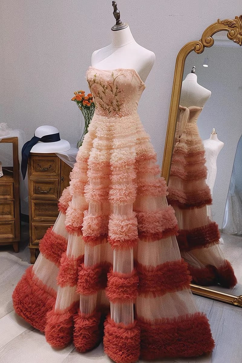 Jolie robe de bal sans bretelles en tulle à volants roses et longues couches pour les 16 ans C3217