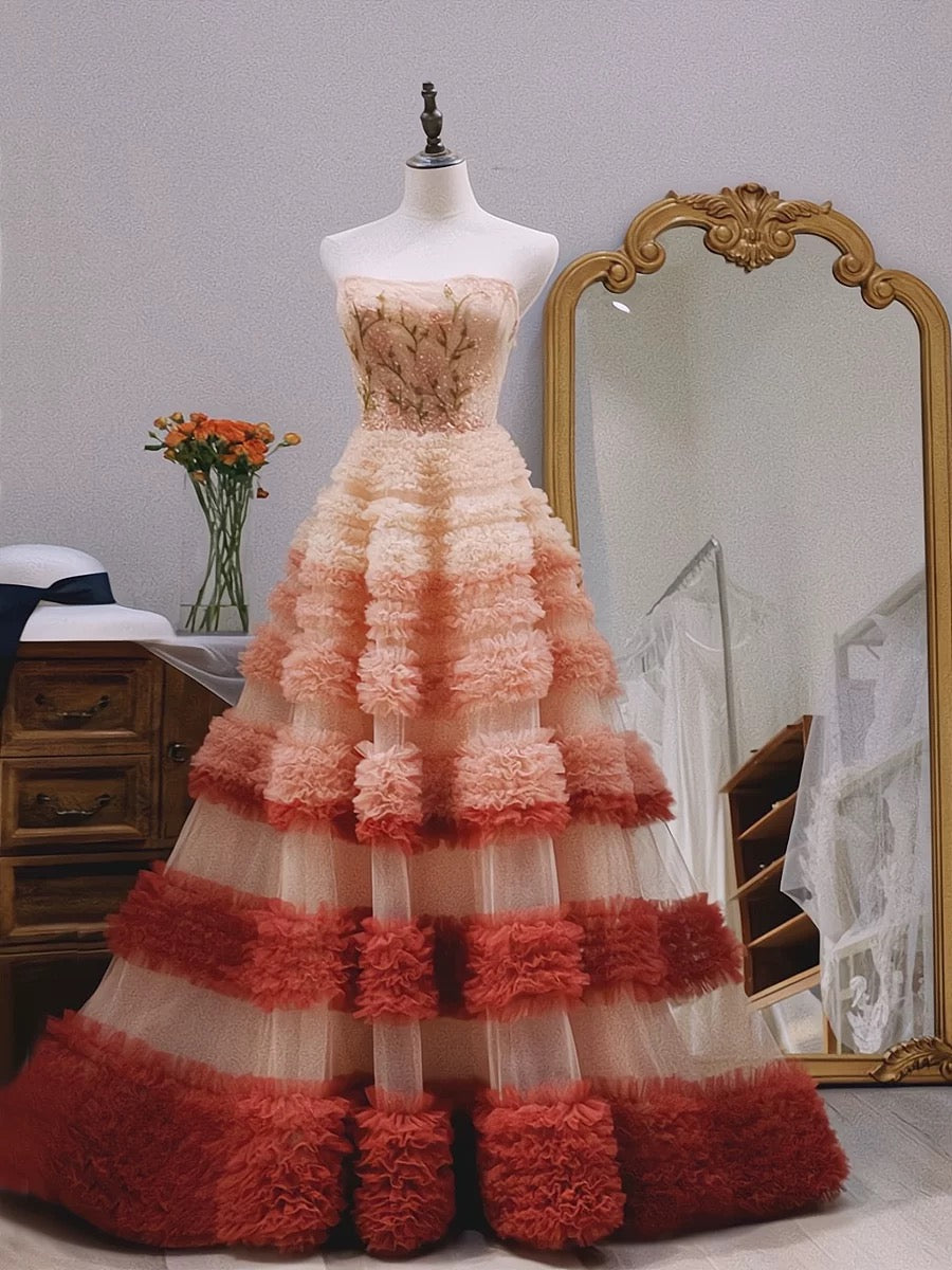 Jolie robe de bal sans bretelles en tulle à volants roses et longues couches pour les 16 ans C3217