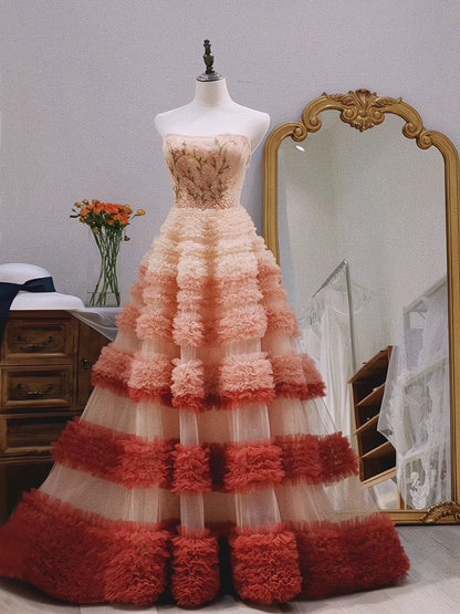 Jolie robe de bal sans bretelles en tulle à volants roses et longues couches pour les 16 ans C3217