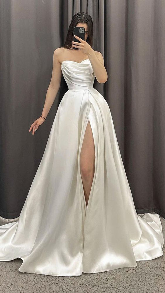 Elegant A-Line Sweetheart Satin Wedding Dress With High Split  C322