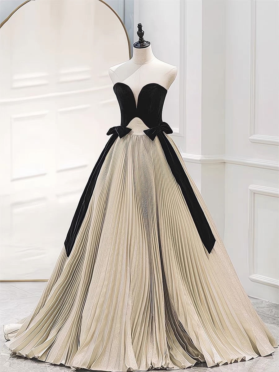 Jolie robe de bal sans bretelles en tulle à volants champagne, longue, pour bal de fin d'année, avec gants, C3220