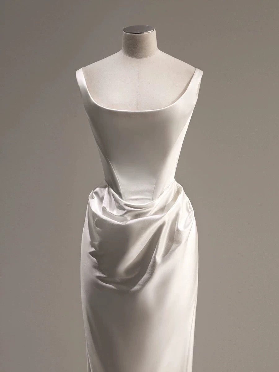Chic Sheath Square Neckline Sleeveless White Satin Wedding Dresses With Ruffles C3224