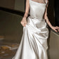 Chic Sheath Square Neckline Sleeveless White Satin Wedding Dresses With Ruffles C3224