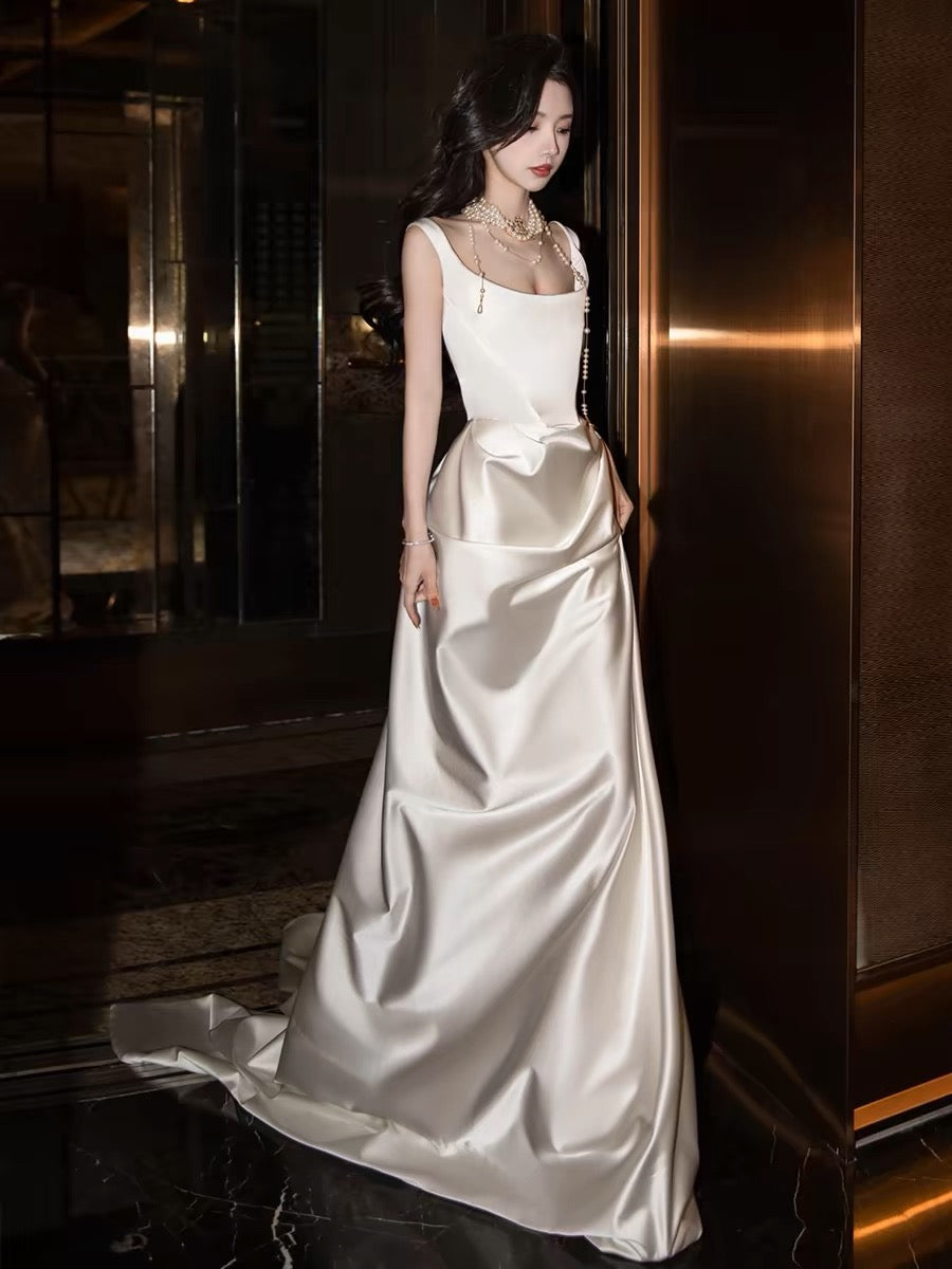 Chic Sheath Square Neckline Sleeveless White Satin Wedding Dresses With Ruffles C3224